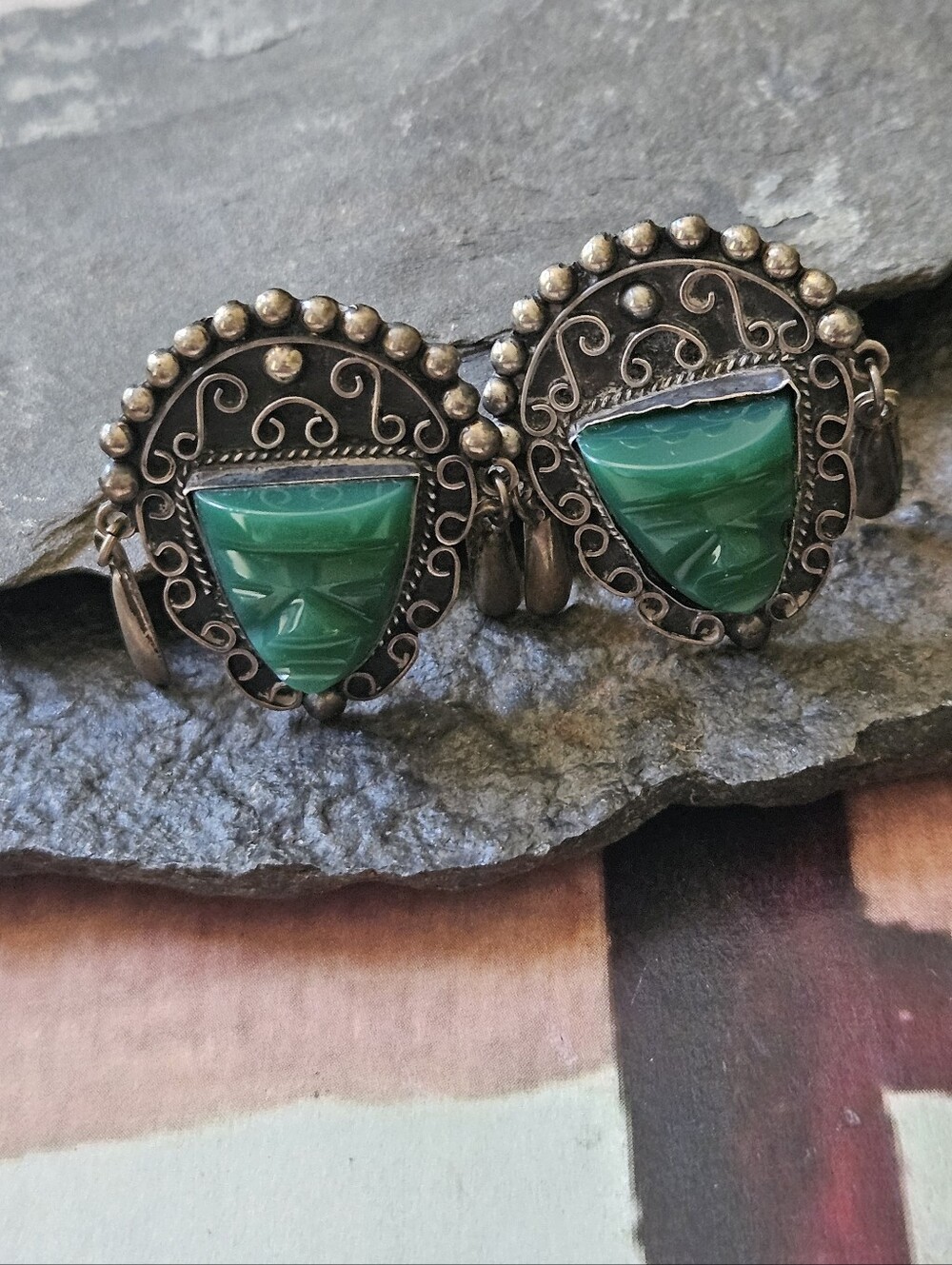 Taxco Aztec Green Jade Filigree Sterling Silver Earrings